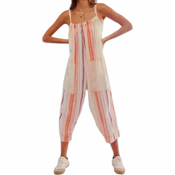 Free People dream in color convertible Yellow Striped Pants/Romper, jumpsuit,NWT - Picture 1 of 8